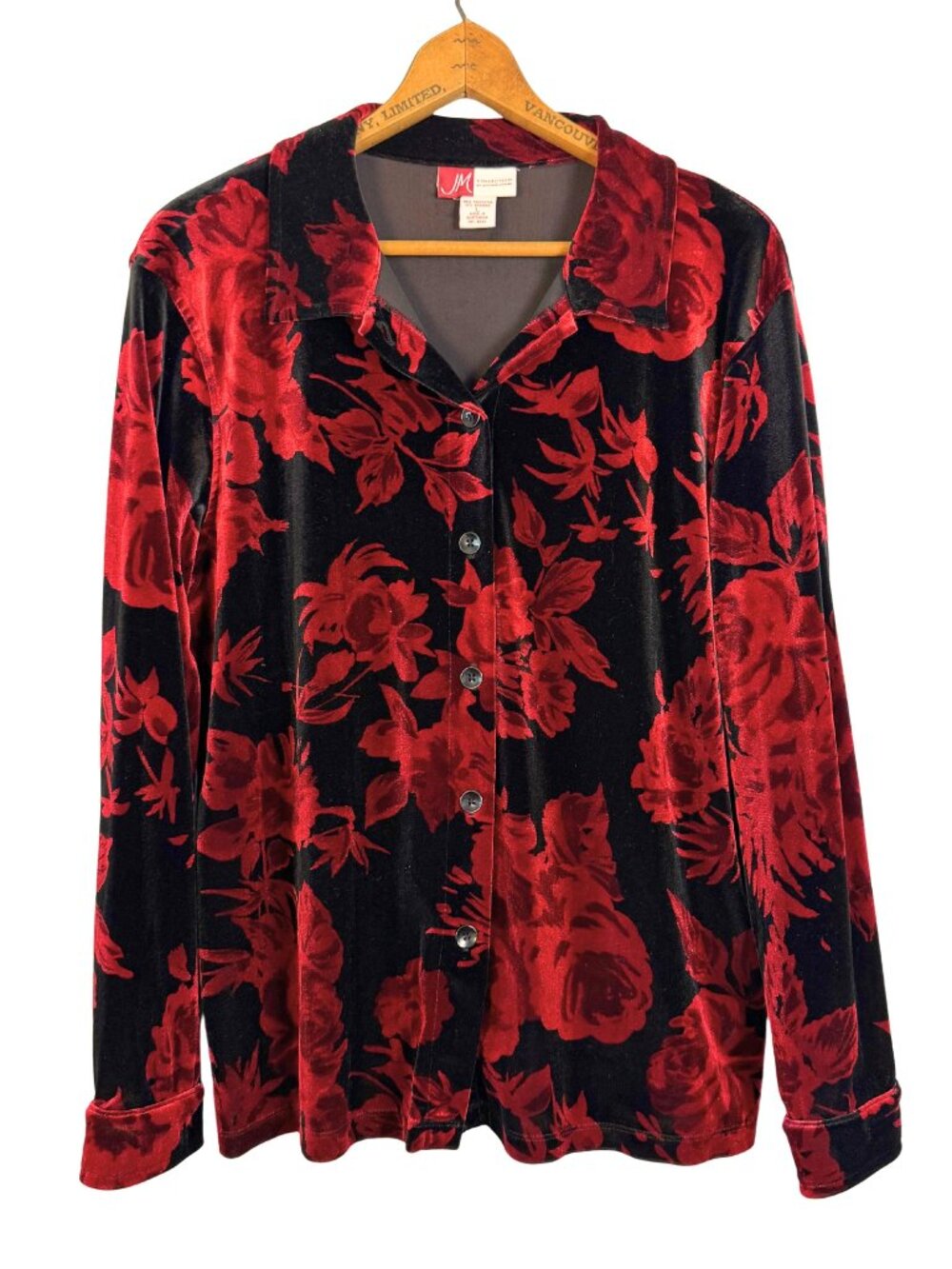 Vintage Black Red Floral Velvet Blouse, 90s Velvet Shirt, Whimsigoth Holiday